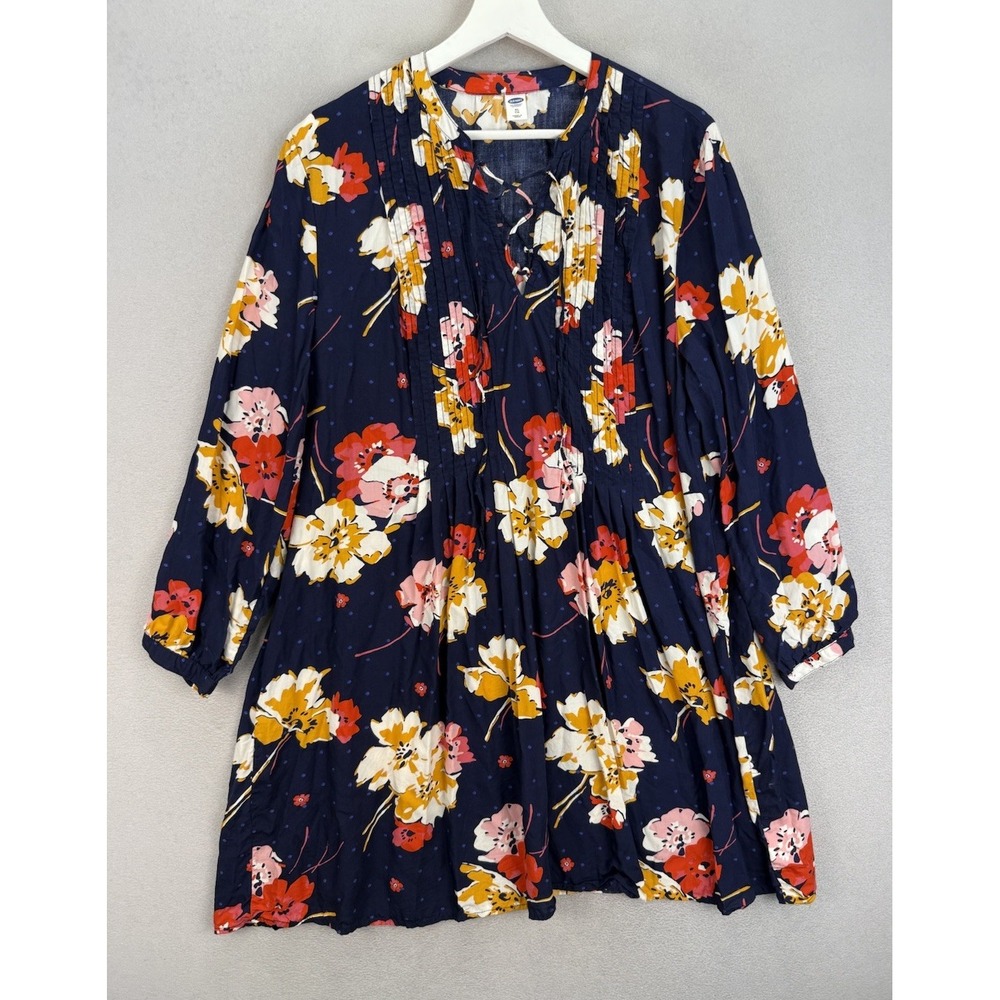 Old Navy Women's Sz XL Multicolor Florals Lace Up Yoke Swing 3/4 Sleeve Dress - Picture 2 of 8